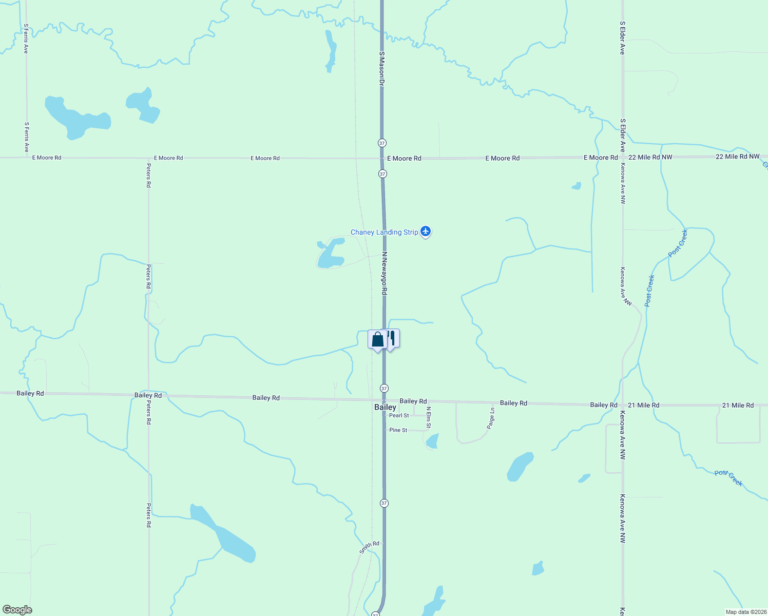 map of restaurants, bars, coffee shops, grocery stores, and more near 1701 North Newaygo Road in Bailey