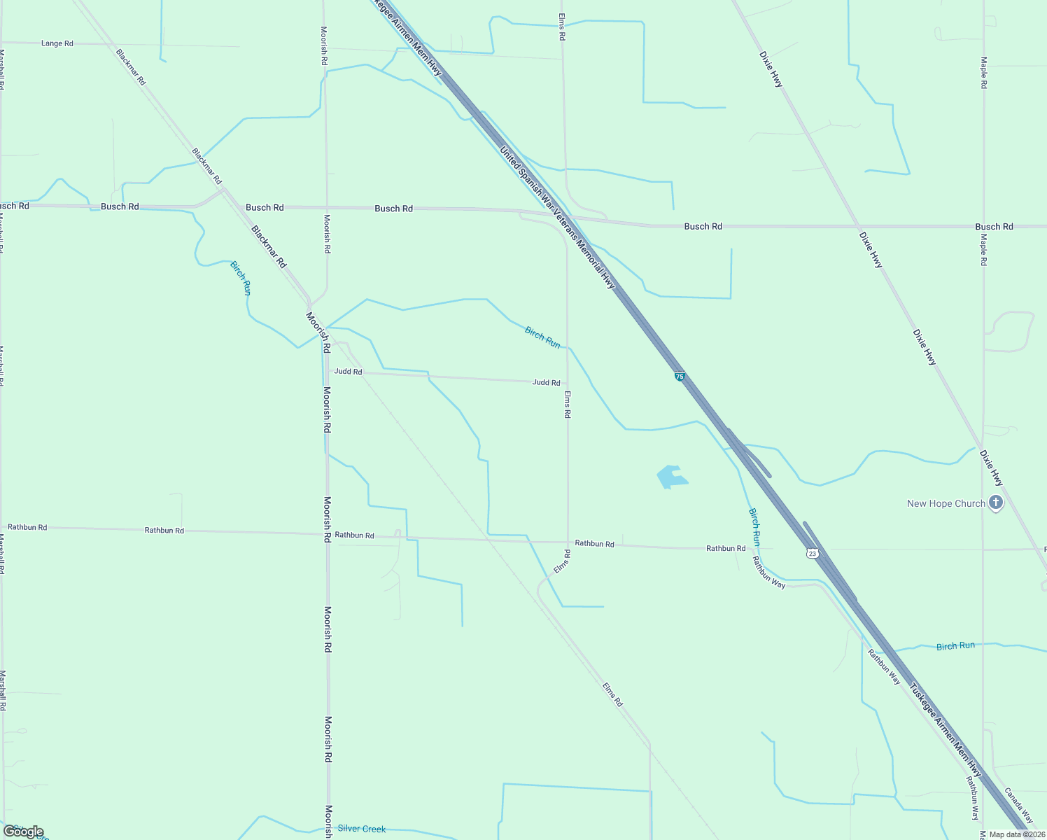 map of restaurants, bars, coffee shops, grocery stores, and more near 6640 Judd Road in Birch Run