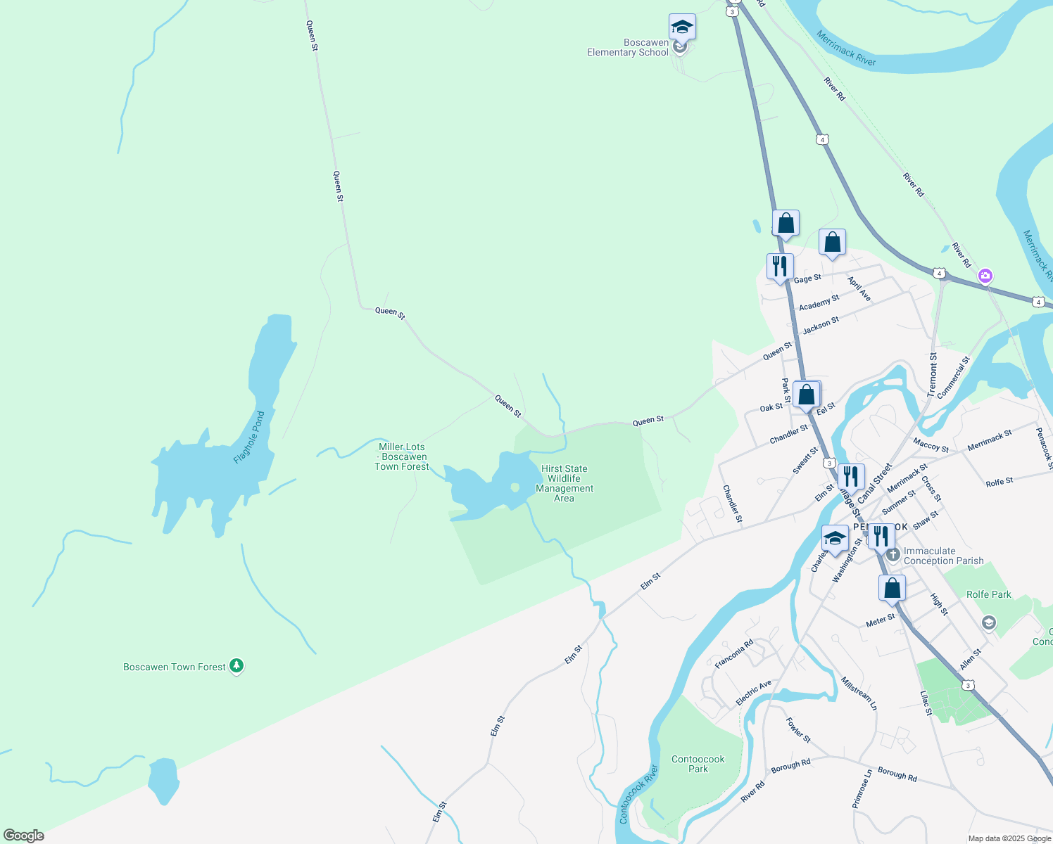 map of restaurants, bars, coffee shops, grocery stores, and more near 80 Queen Street in Boscawen