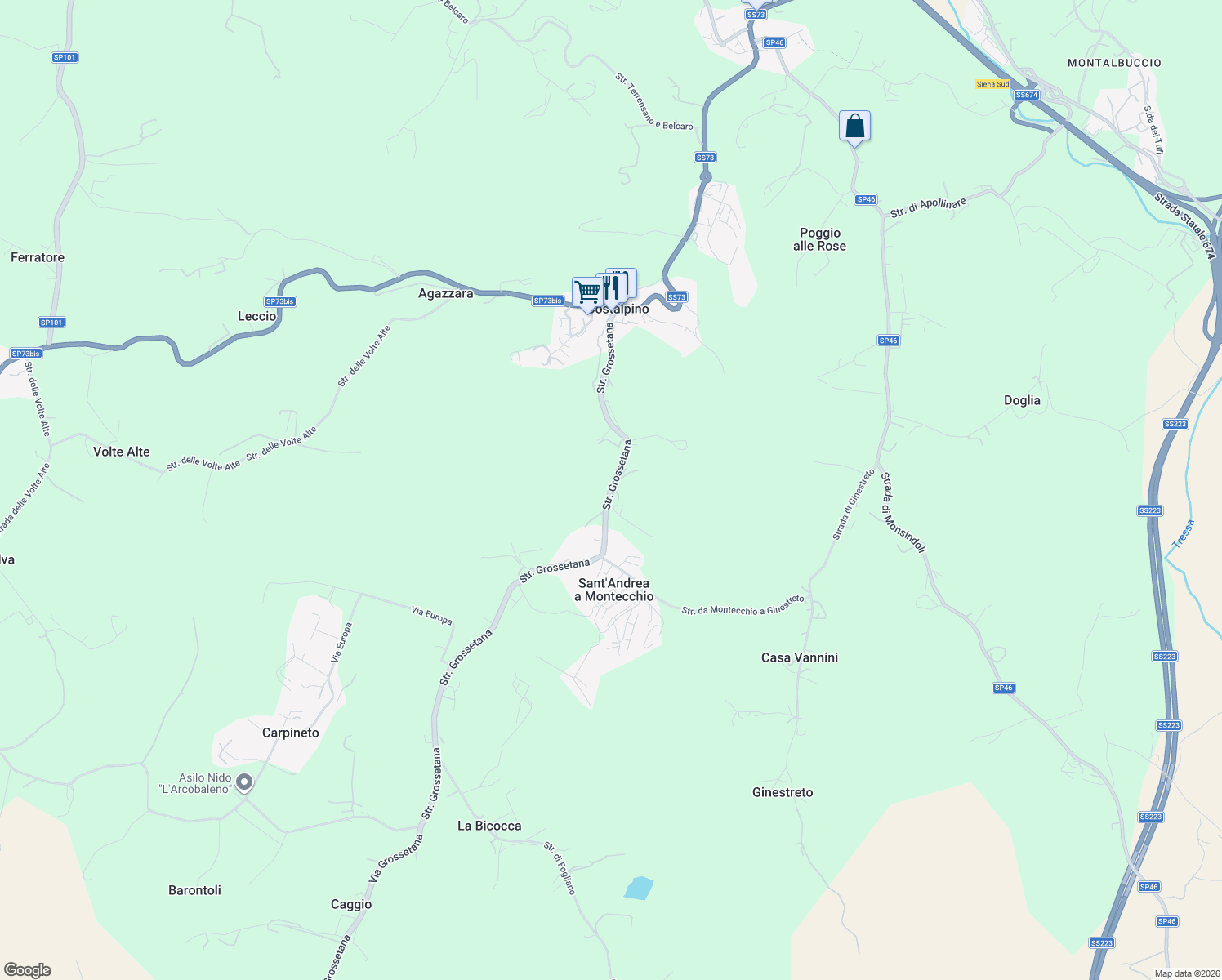 map of restaurants, bars, coffee shops, grocery stores, and more near 49 Strada Grossetana in Siena