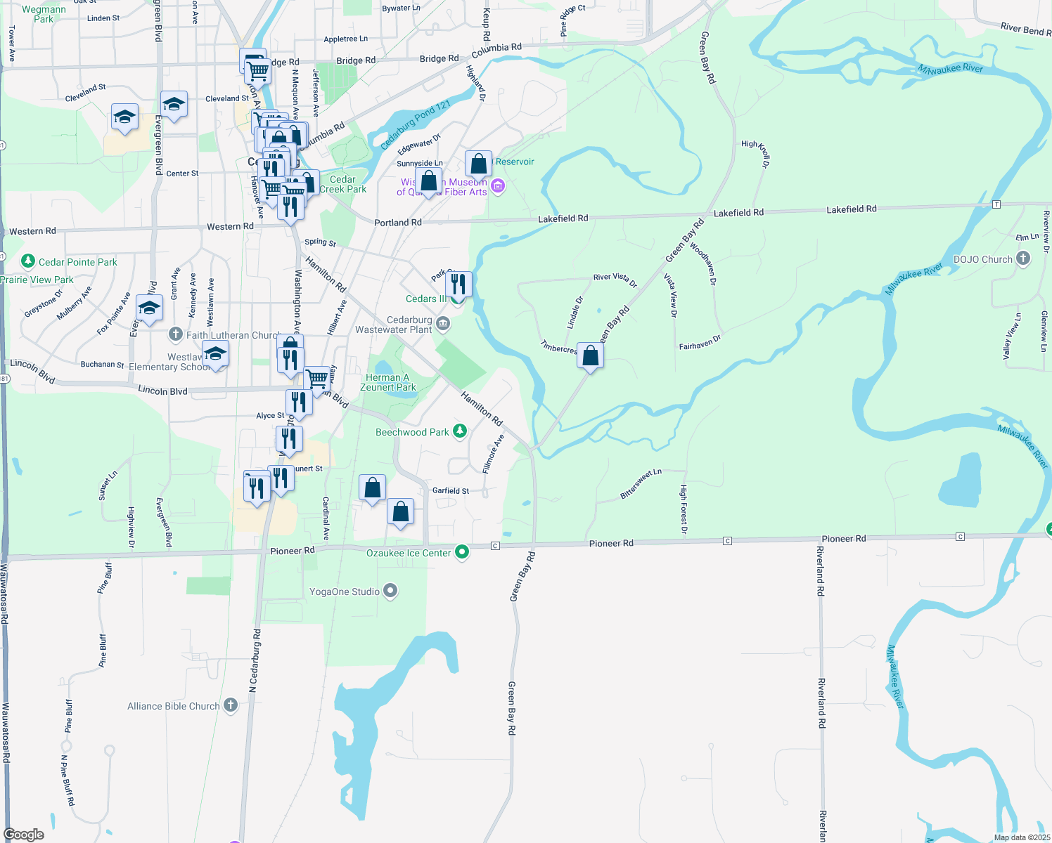 map of restaurants, bars, coffee shops, grocery stores, and more near N23W5028 Hamilton Rd in Cedarburg