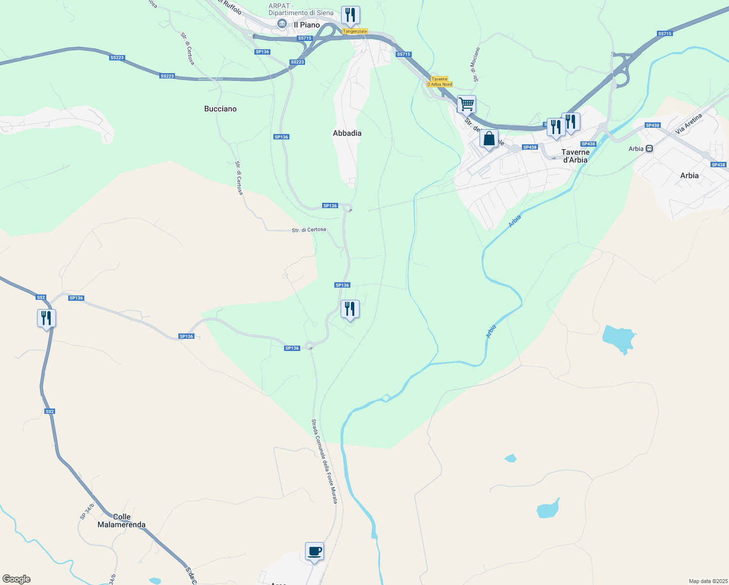 map of restaurants, bars, coffee shops, grocery stores, and more near 95 Via della Pace in Siena