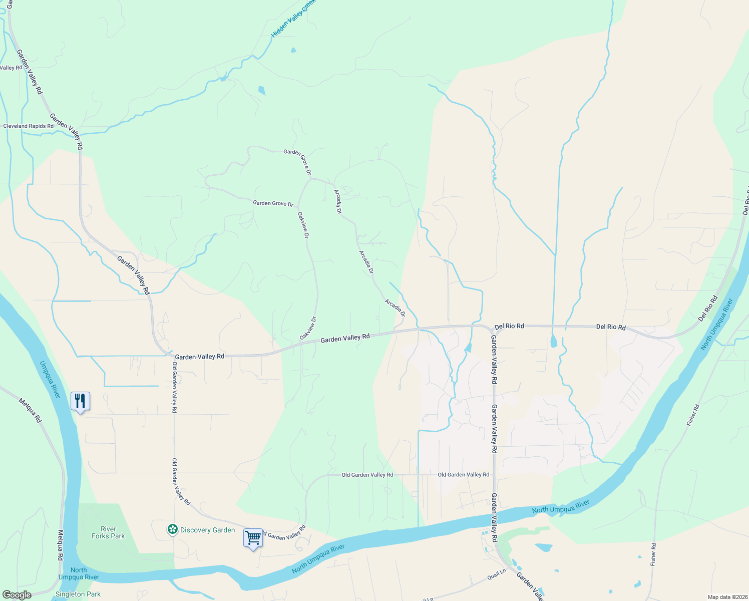 map of restaurants, bars, coffee shops, grocery stores, and more near 343 Arcadia Drive in Roseburg