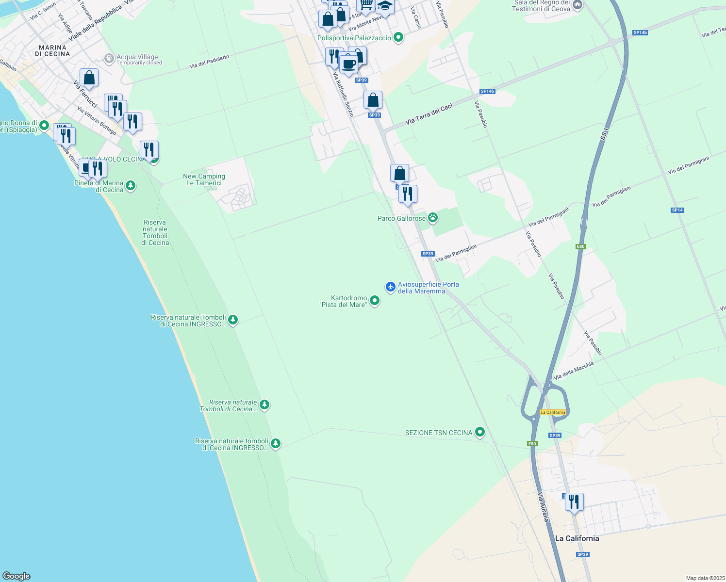 map of restaurants, bars, coffee shops, grocery stores, and more near Località Paduletto in Provincia di Livorno