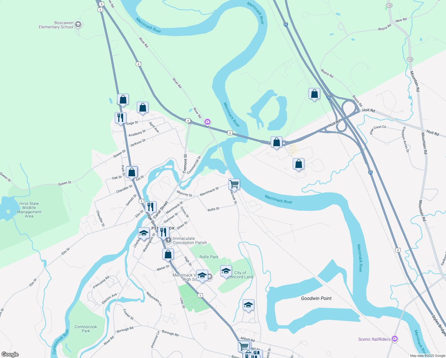 map of restaurants, bars, coffee shops, grocery stores, and more near 121 Merrimack St in Concord