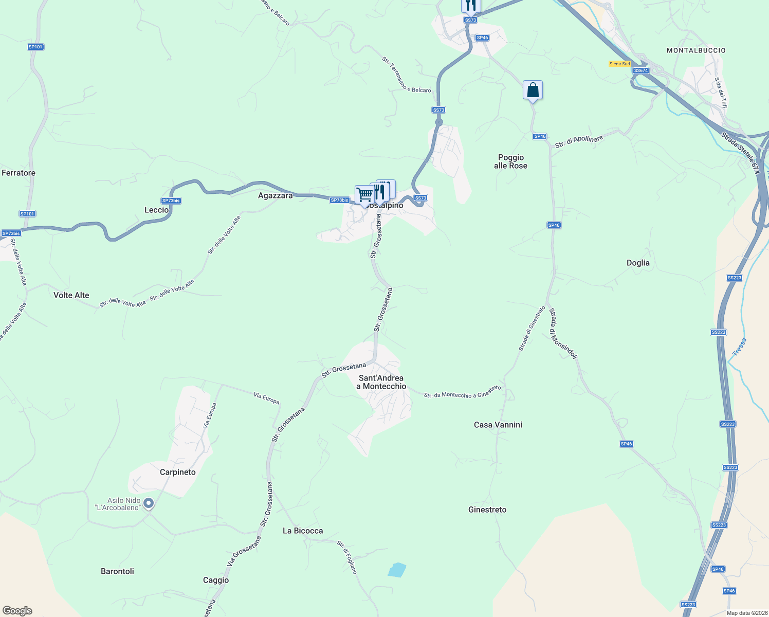 map of restaurants, bars, coffee shops, grocery stores, and more near 49 Strada Grossetana in Siena