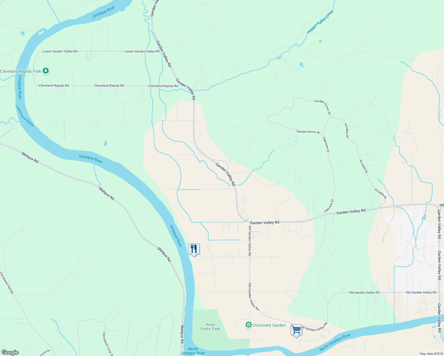 map of restaurants, bars, coffee shops, grocery stores, and more near 7840 Garden Valley Road in Roseburg