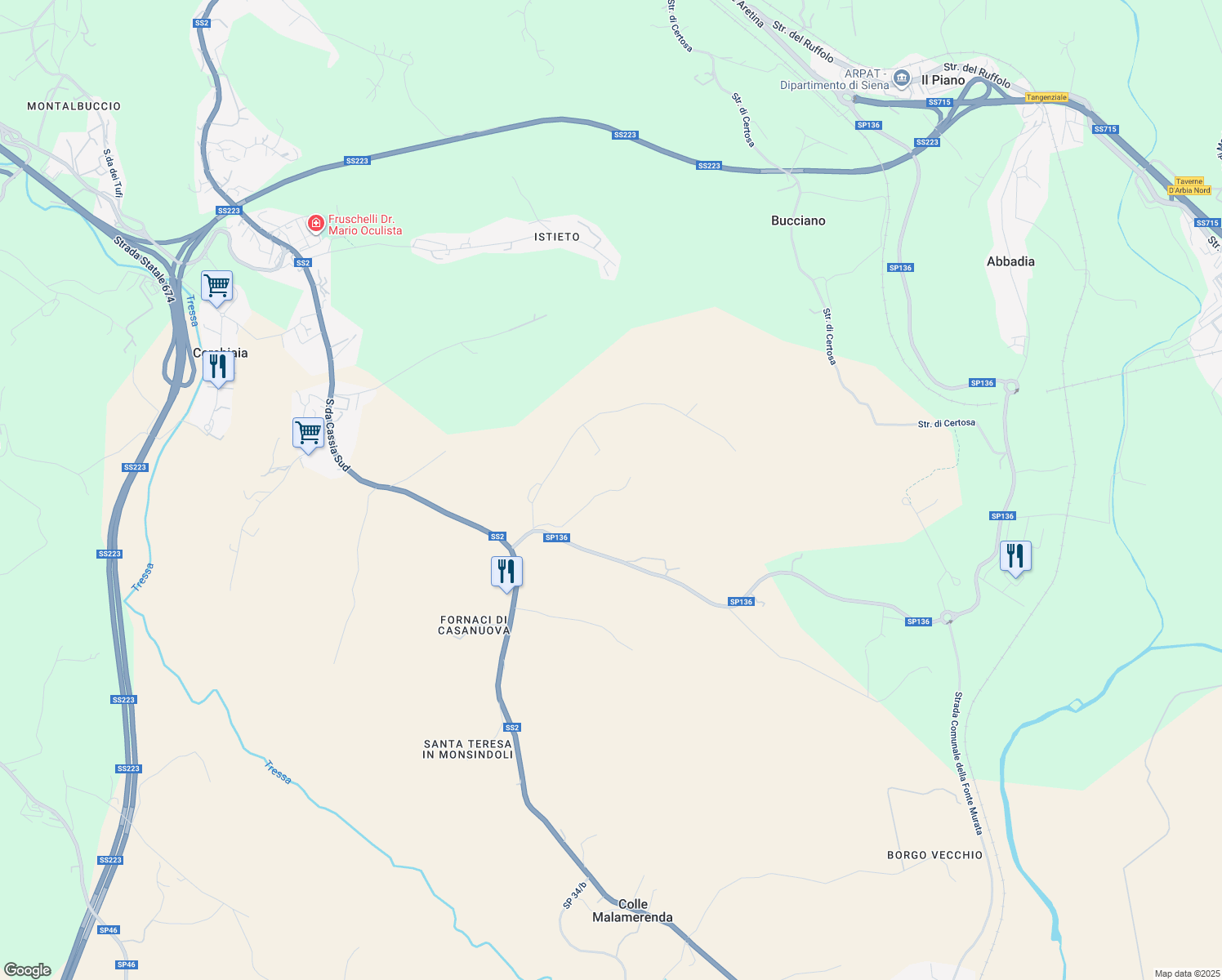 map of restaurants, bars, coffee shops, grocery stores, and more near Strada dei Fuochi in Siena