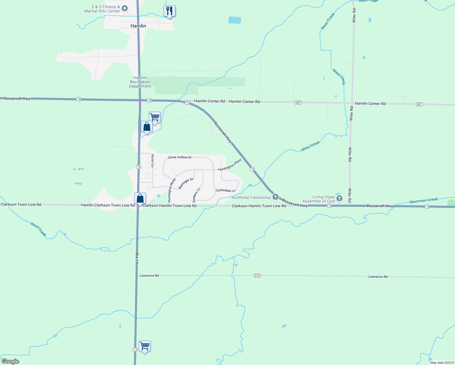 map of restaurants, bars, coffee shops, grocery stores, and more near 19 Curtisdale Lane in Hamlin