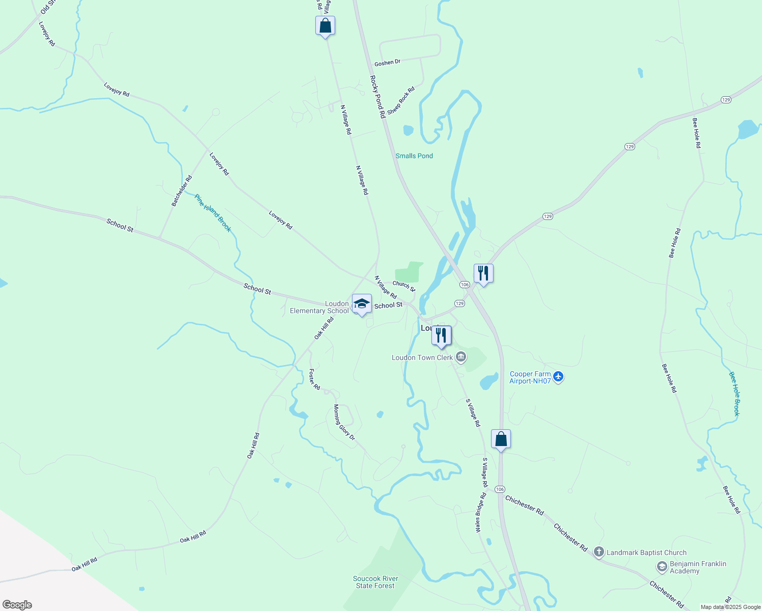map of restaurants, bars, coffee shops, grocery stores, and more near 7028 School Street in Loudon