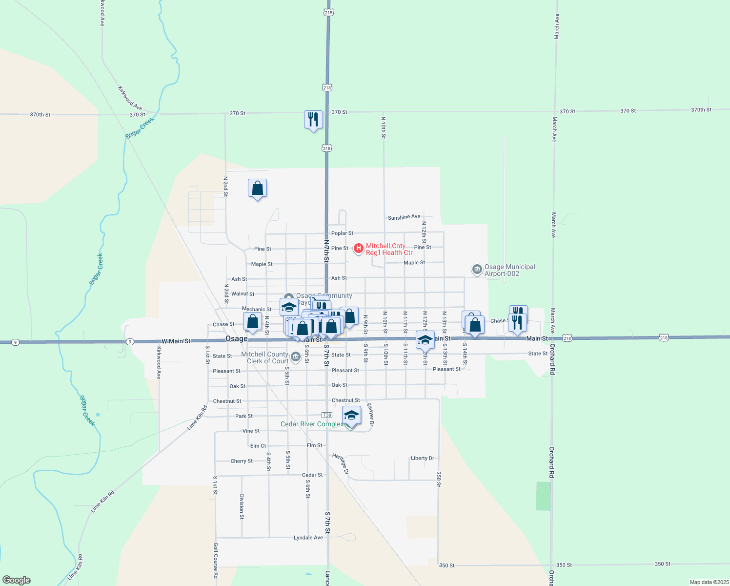 map of restaurants, bars, coffee shops, grocery stores, and more near 898 Walnut St in Osage