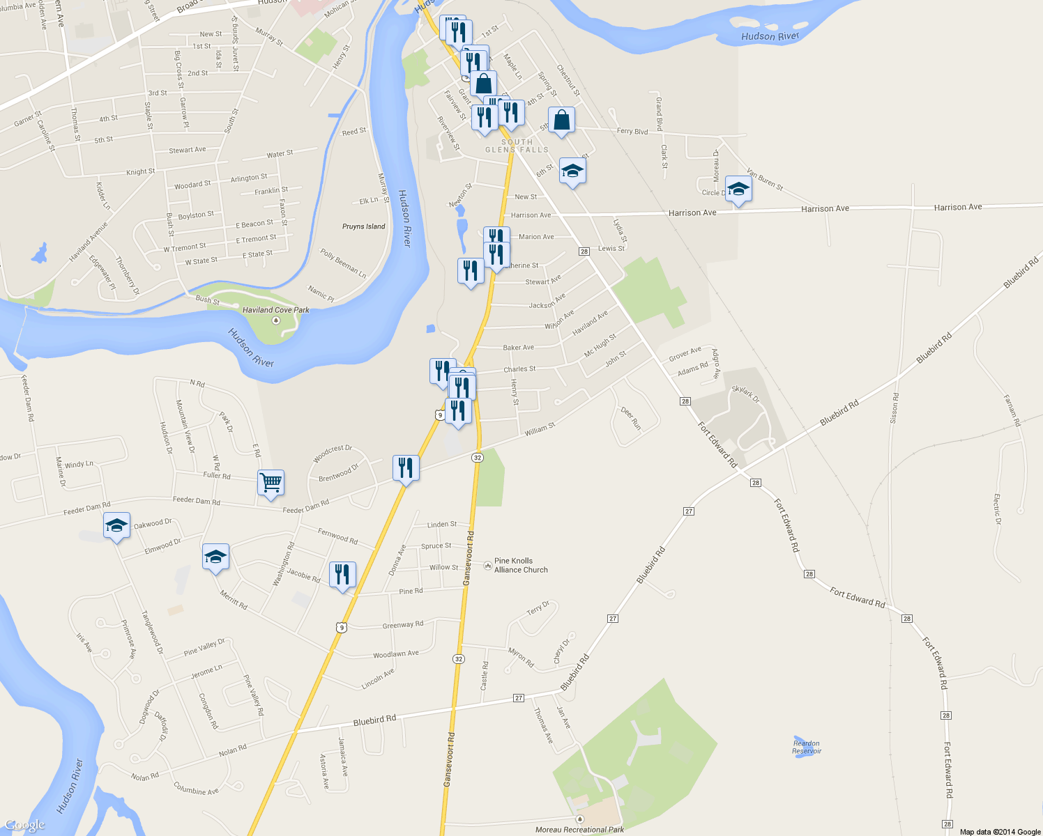 map of restaurants, bars, coffee shops, grocery stores, and more near 2 Washburn Street in South Glens Falls