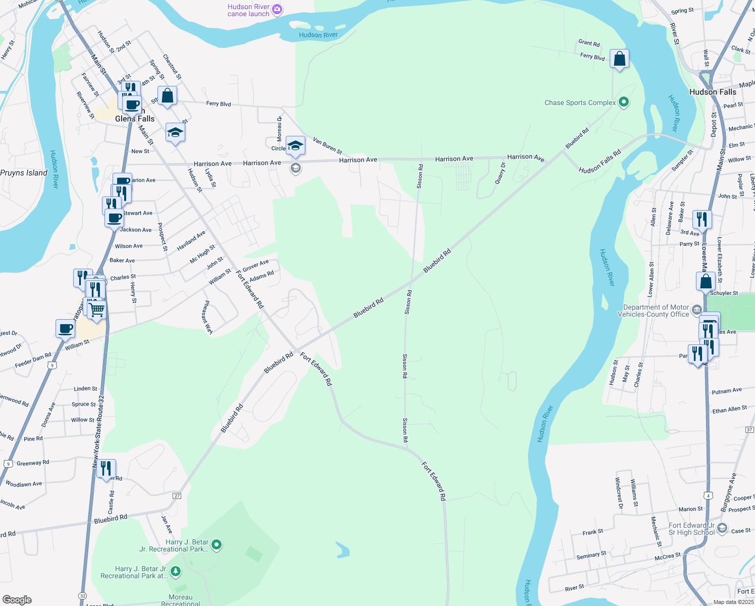 map of restaurants, bars, coffee shops, grocery stores, and more near 198 Bluebird Road in South Glens Falls