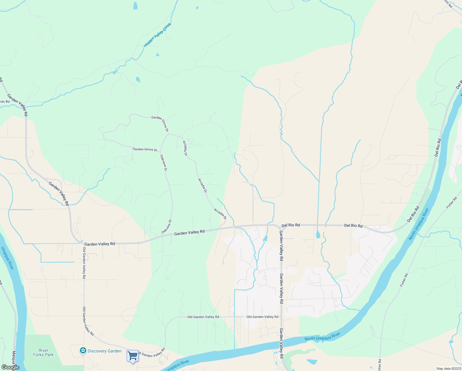 map of restaurants, bars, coffee shops, grocery stores, and more near 1609 Arcadia Drive in Roseburg