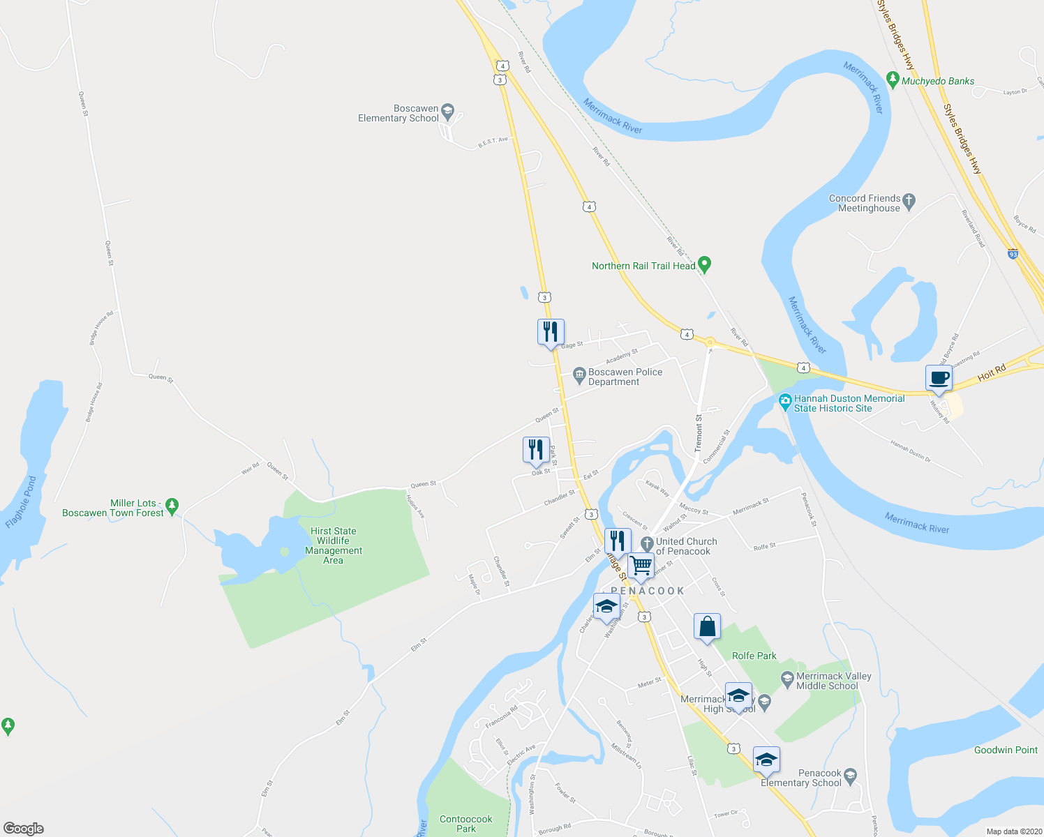 map of restaurants, bars, coffee shops, grocery stores, and more near 18 Queen Street in Boscawen