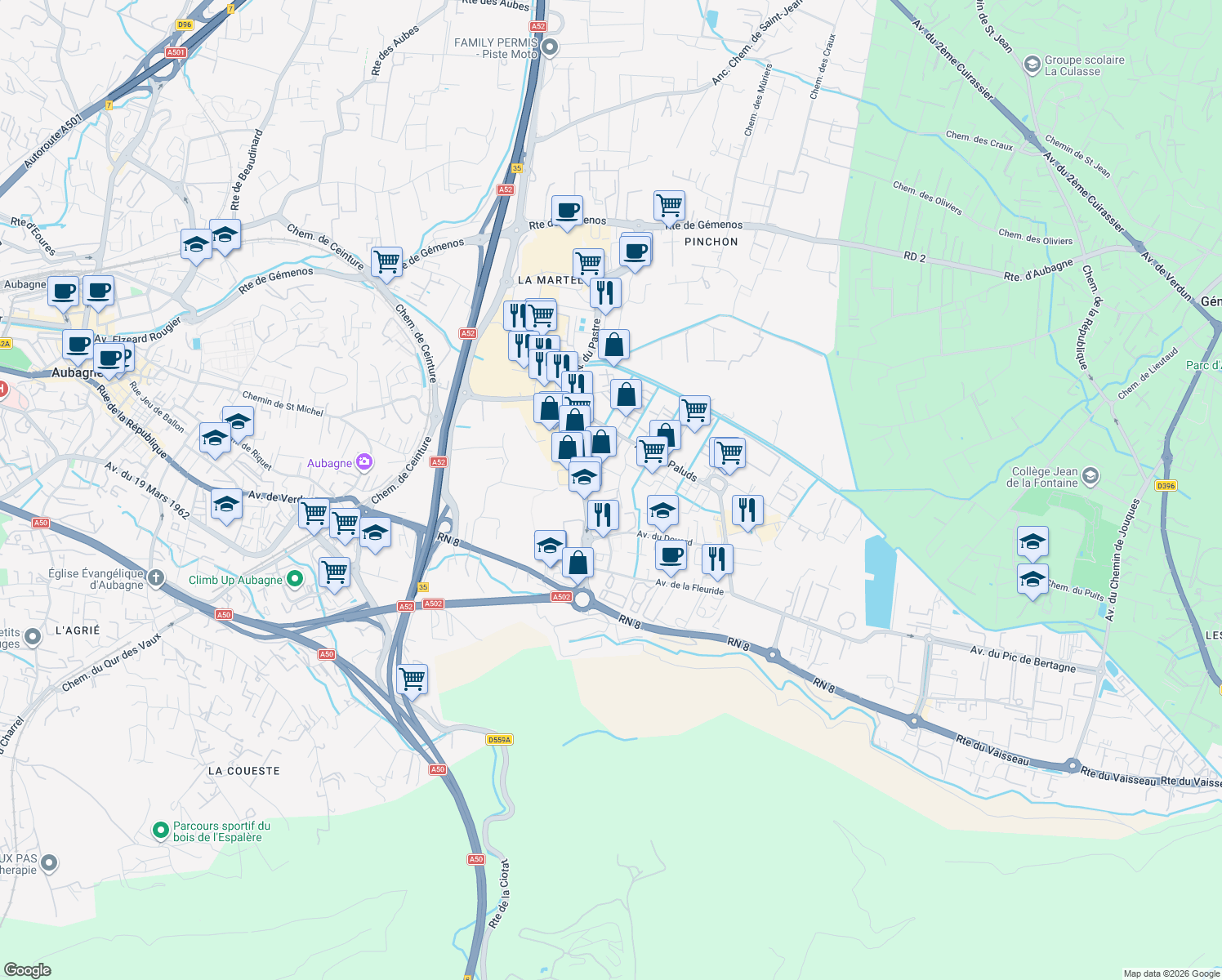 map of restaurants, bars, coffee shops, grocery stores, and more near Avenue du Labbé in Aubagne
