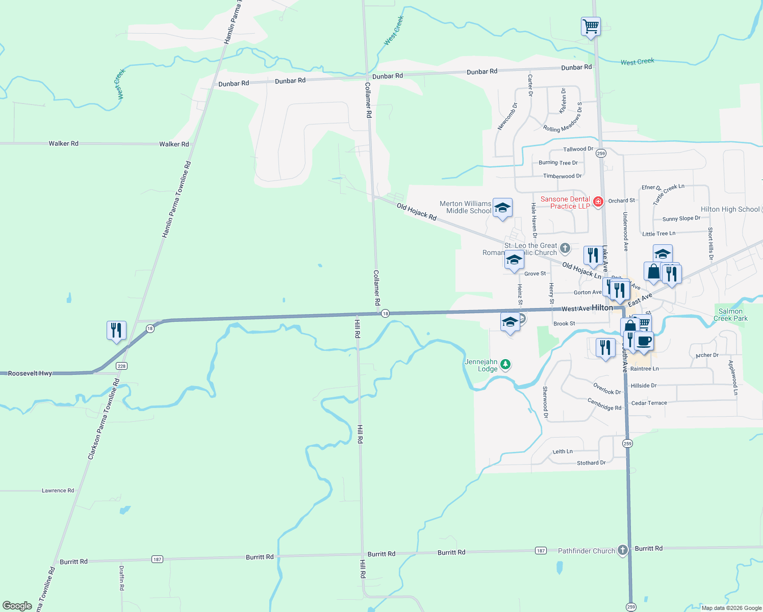 map of restaurants, bars, coffee shops, grocery stores, and more near 310 Collamer Road in Hilton
