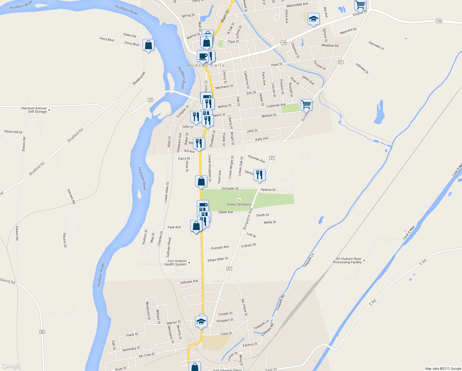 map of restaurants, bars, coffee shops, grocery stores, and more near 510 Lower Wright Street in Hudson Falls