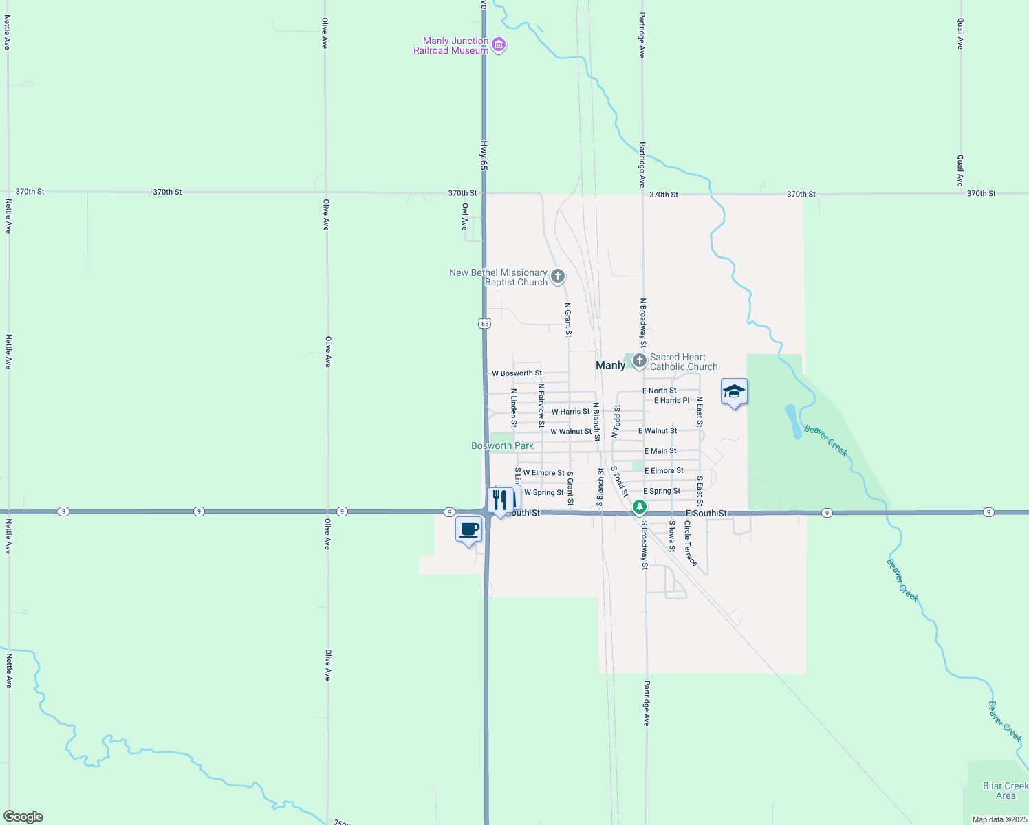 map of restaurants, bars, coffee shops, grocery stores, and more near 399 W Harris St in Manly