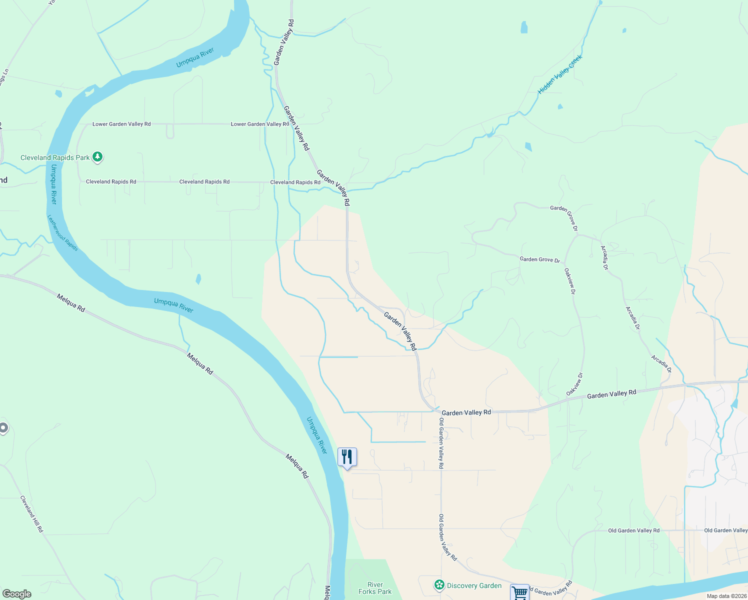 map of restaurants, bars, coffee shops, grocery stores, and more near 8088 Garden Valley Road in Roseburg