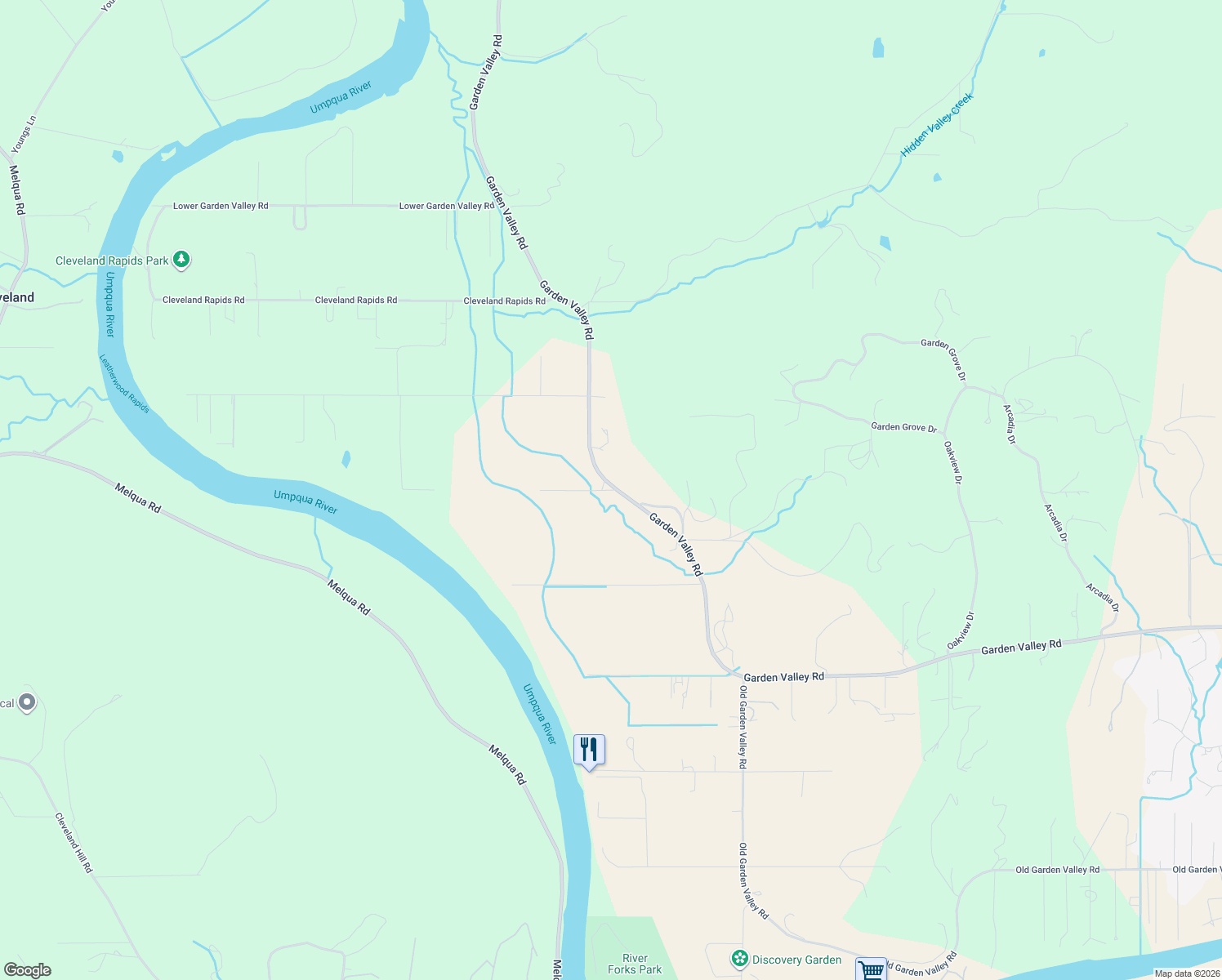 map of restaurants, bars, coffee shops, grocery stores, and more near 8088 Garden Valley Road in Roseburg