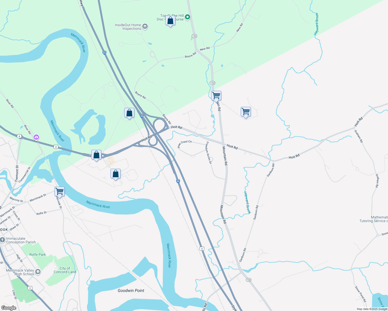 map of restaurants, bars, coffee shops, grocery stores, and more near 35 Pine Crest Circle in Concord