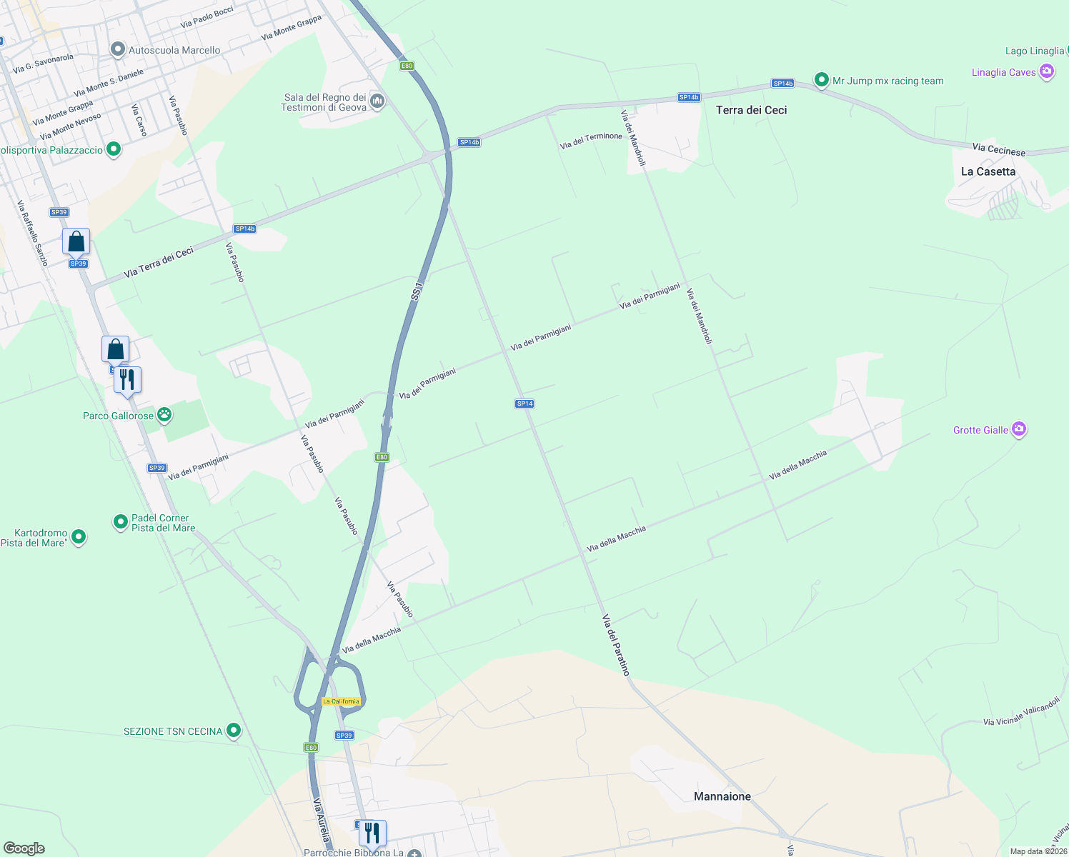 map of restaurants, bars, coffee shops, grocery stores, and more near 29 Via del Paratino in Provincia di Livorno