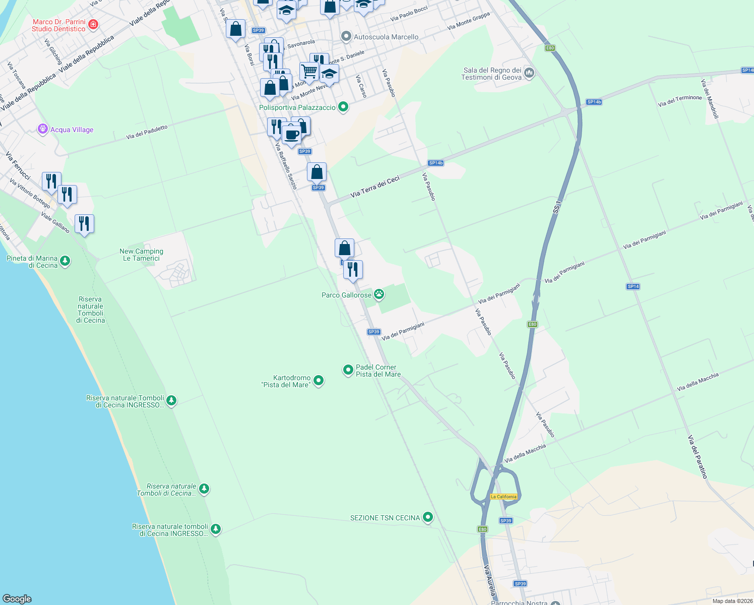 map of restaurants, bars, coffee shops, grocery stores, and more near 59G Via Aurelia Sud in Livorno