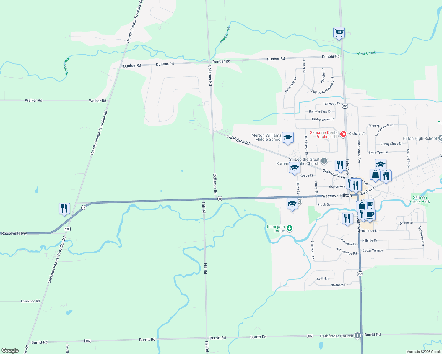 map of restaurants, bars, coffee shops, grocery stores, and more near 284 Collamer Road in Hilton