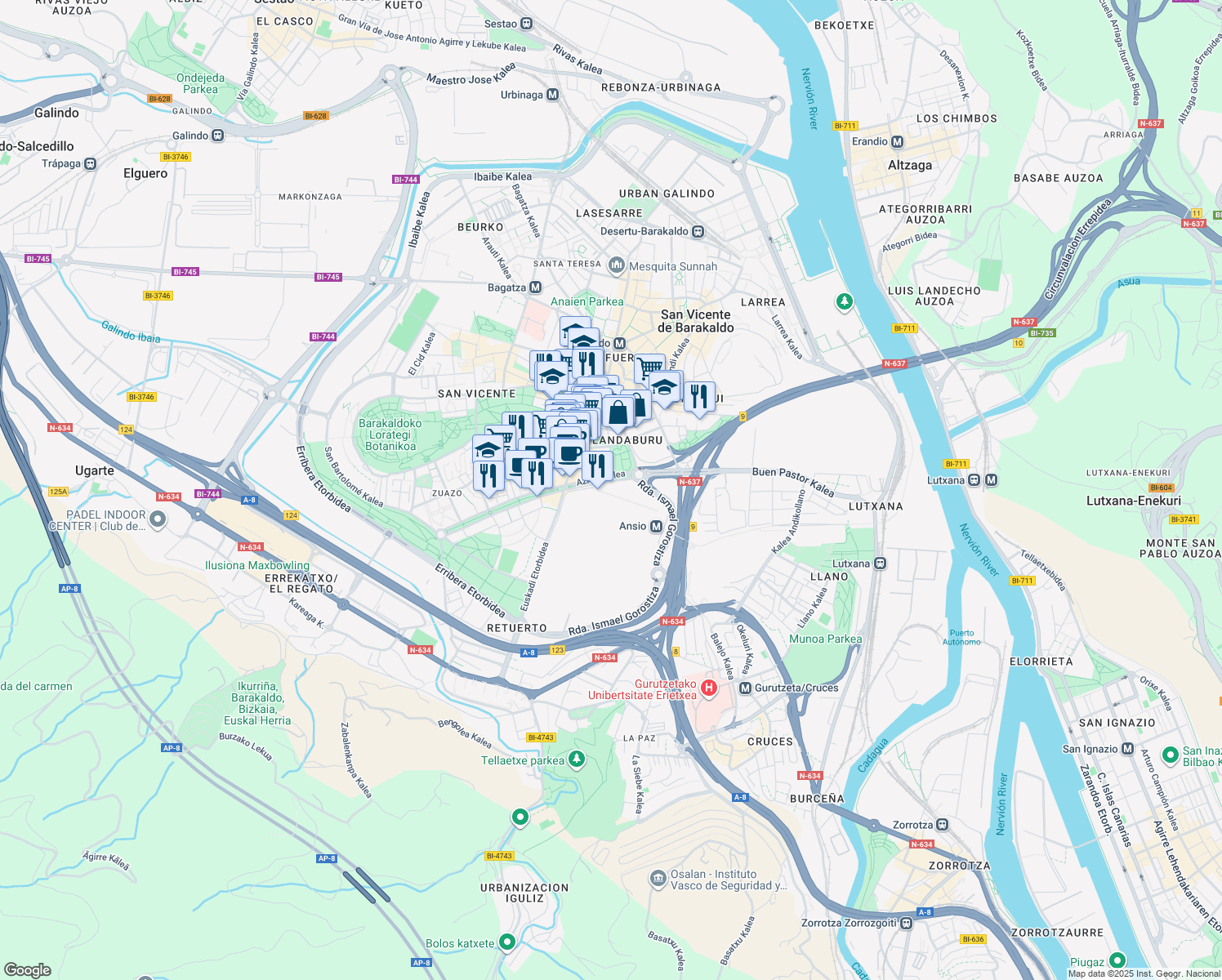 map of restaurants, bars, coffee shops, grocery stores, and more near 1 Azkue Kalea in Barakaldo