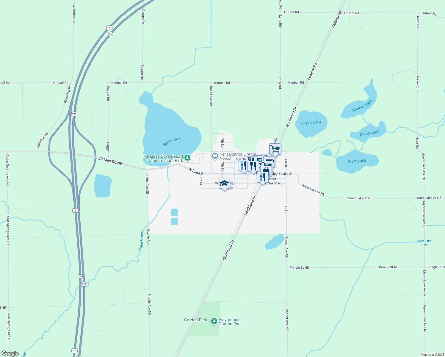 map of restaurants, bars, coffee shops, grocery stores, and more near 33 South 7th Street in Sand Lake
