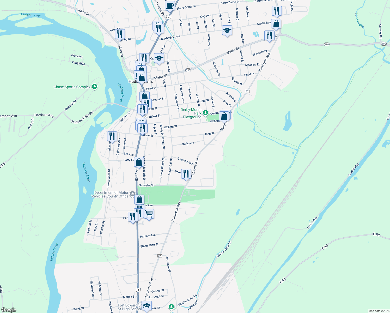 map of restaurants, bars, coffee shops, grocery stores, and more near 1277 Burgoyne Avenue in Hudson Falls