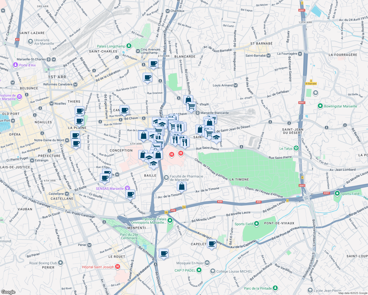 map of restaurants, bars, coffee shops, grocery stores, and more near 299 Rue Saint-Pierre in Marseille