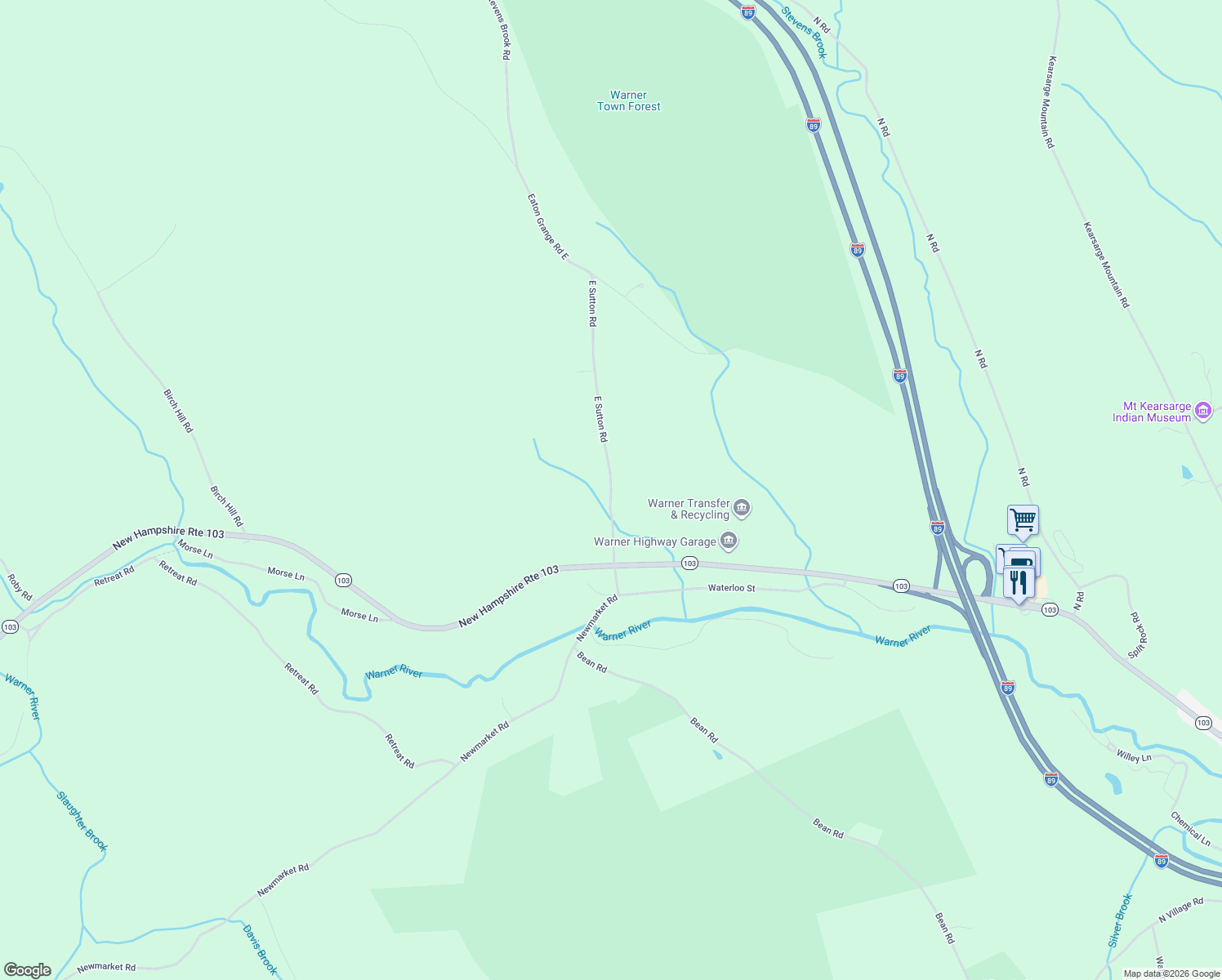 map of restaurants, bars, coffee shops, grocery stores, and more near 39 East Sutton Road in Warner