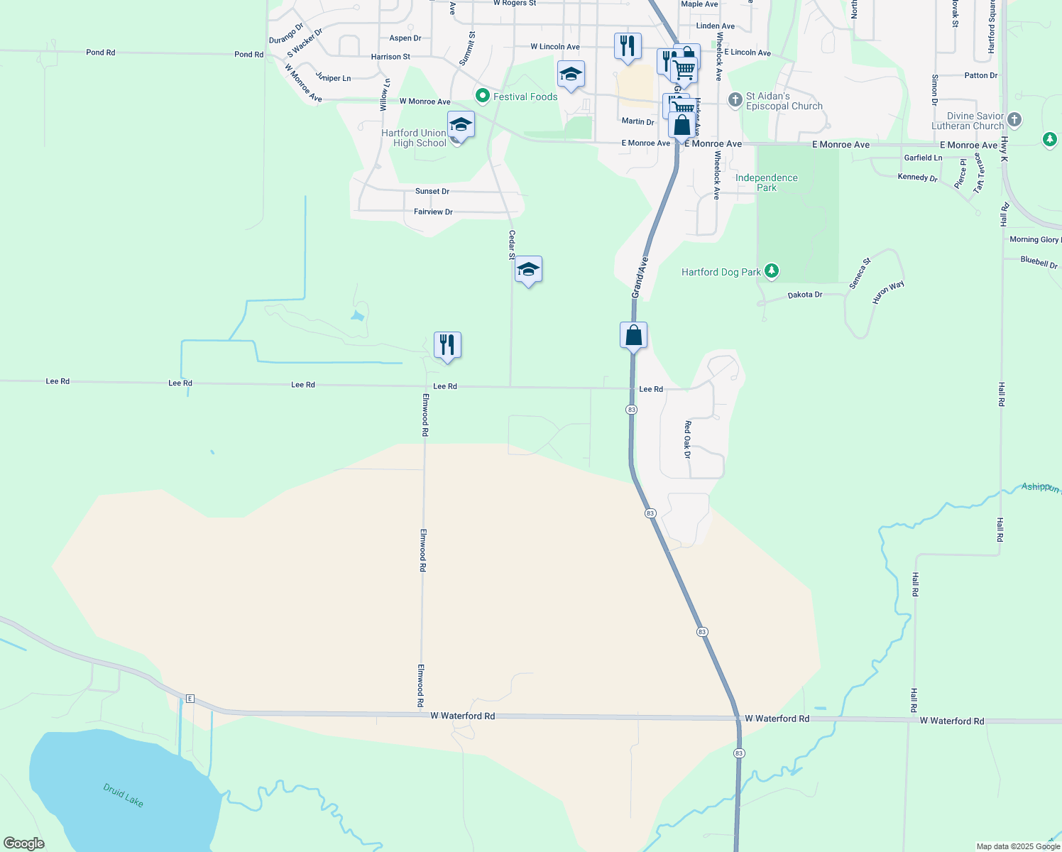 map of restaurants, bars, coffee shops, grocery stores, and more near 6977 Lark Avenue in Hartford