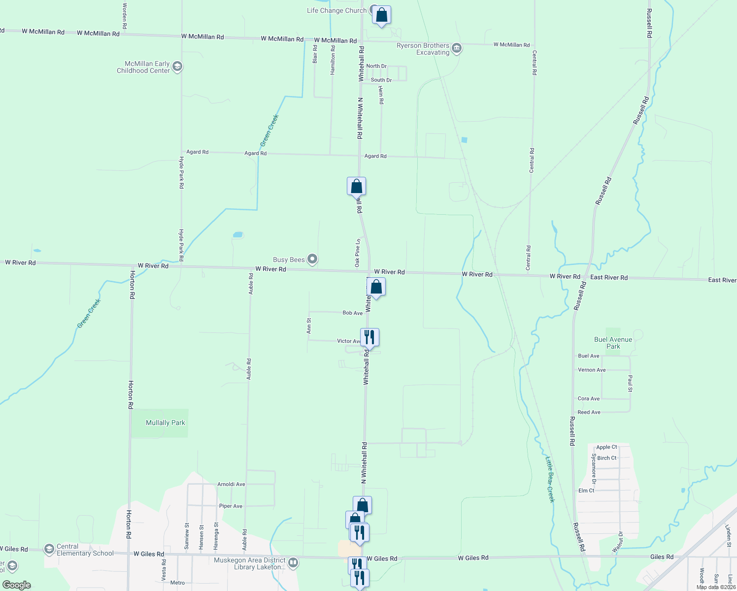 map of restaurants, bars, coffee shops, grocery stores, and more near 2127 Whitehall Road in Muskegon