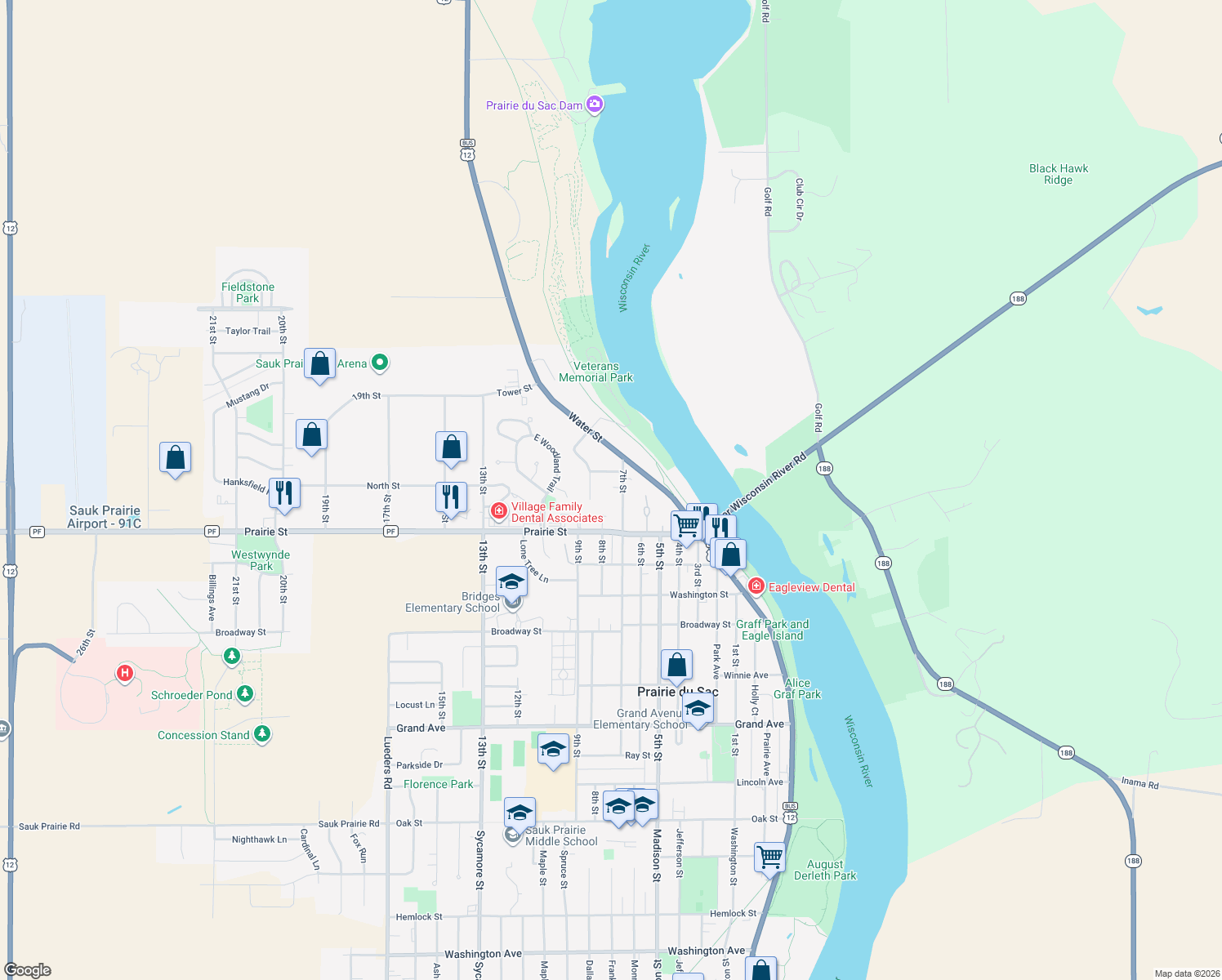 map of restaurants, bars, coffee shops, grocery stores, and more near 753 7th Street in Prairie du Sac