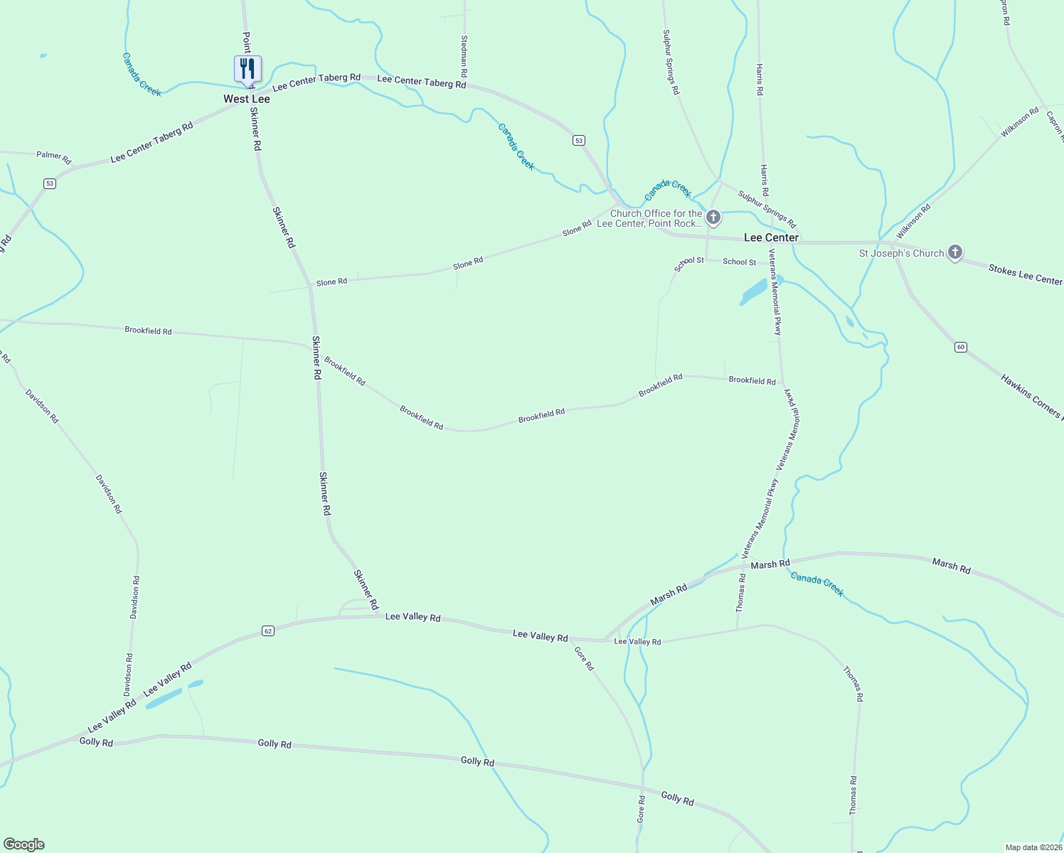 map of restaurants, bars, coffee shops, grocery stores, and more near 5360 Brookfield Road in Lee Center