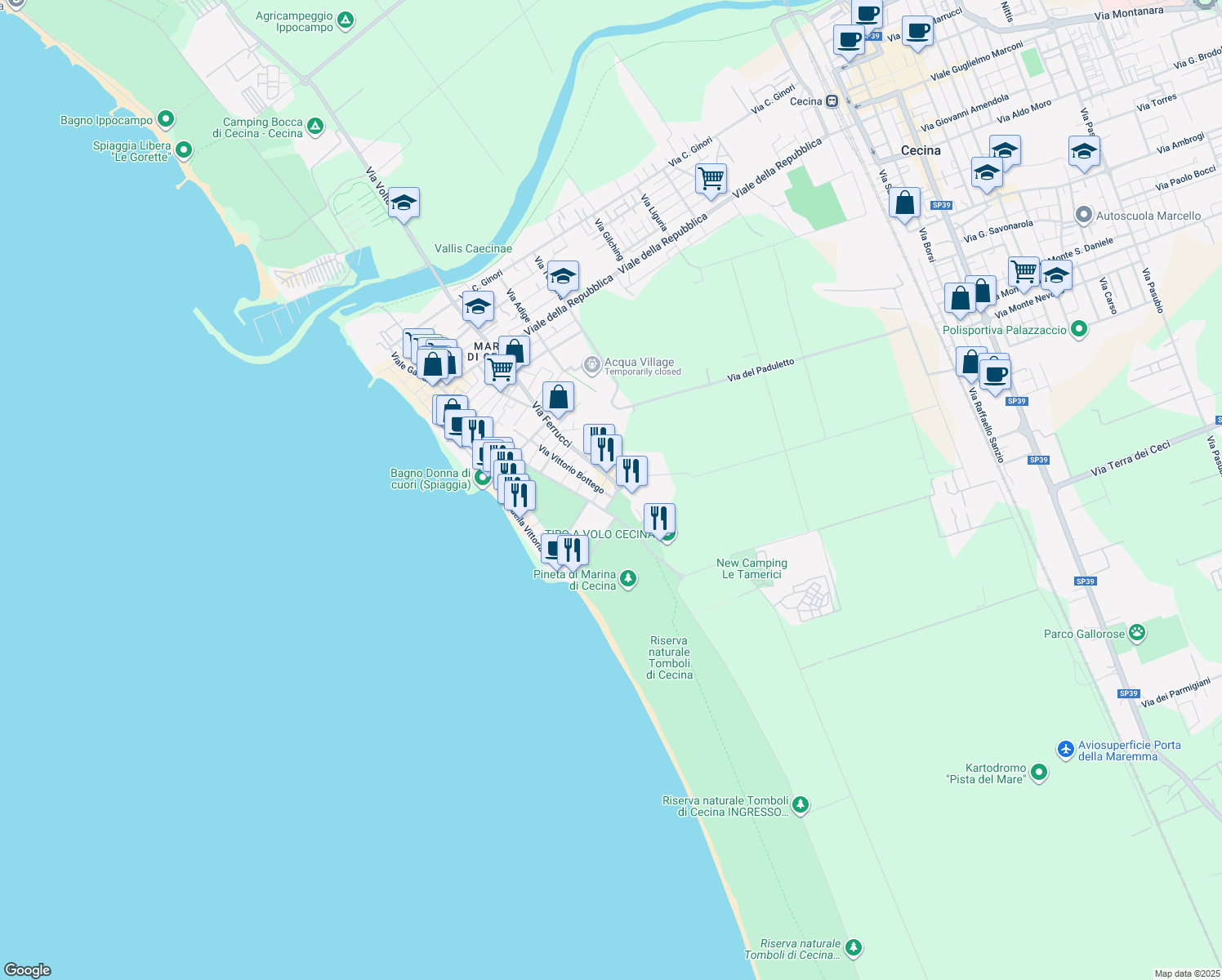 map of restaurants, bars, coffee shops, grocery stores, and more near 136 Via Francesco Ferrucci in Cecina