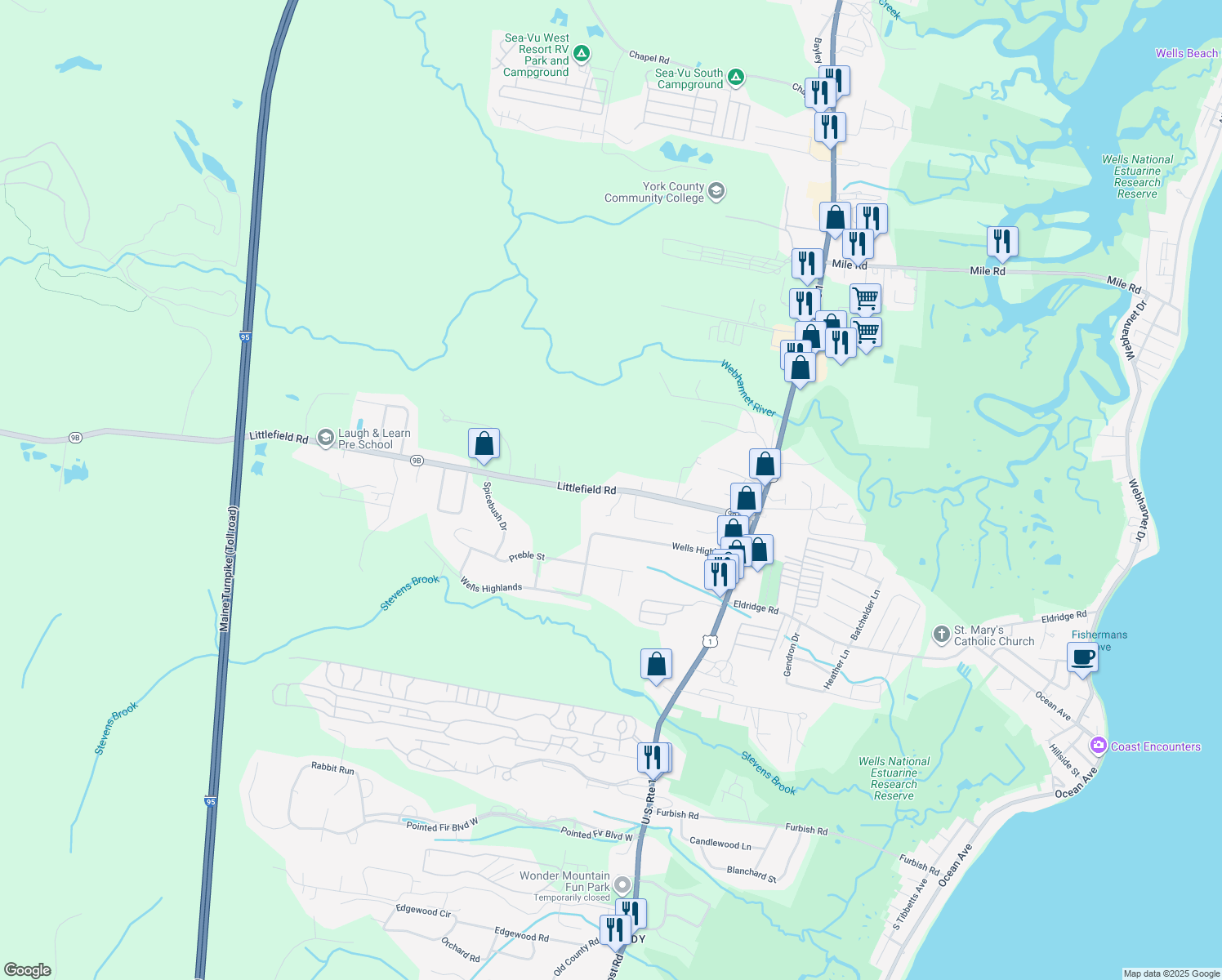 map of restaurants, bars, coffee shops, grocery stores, and more near 371 Littlefield Road in Wells