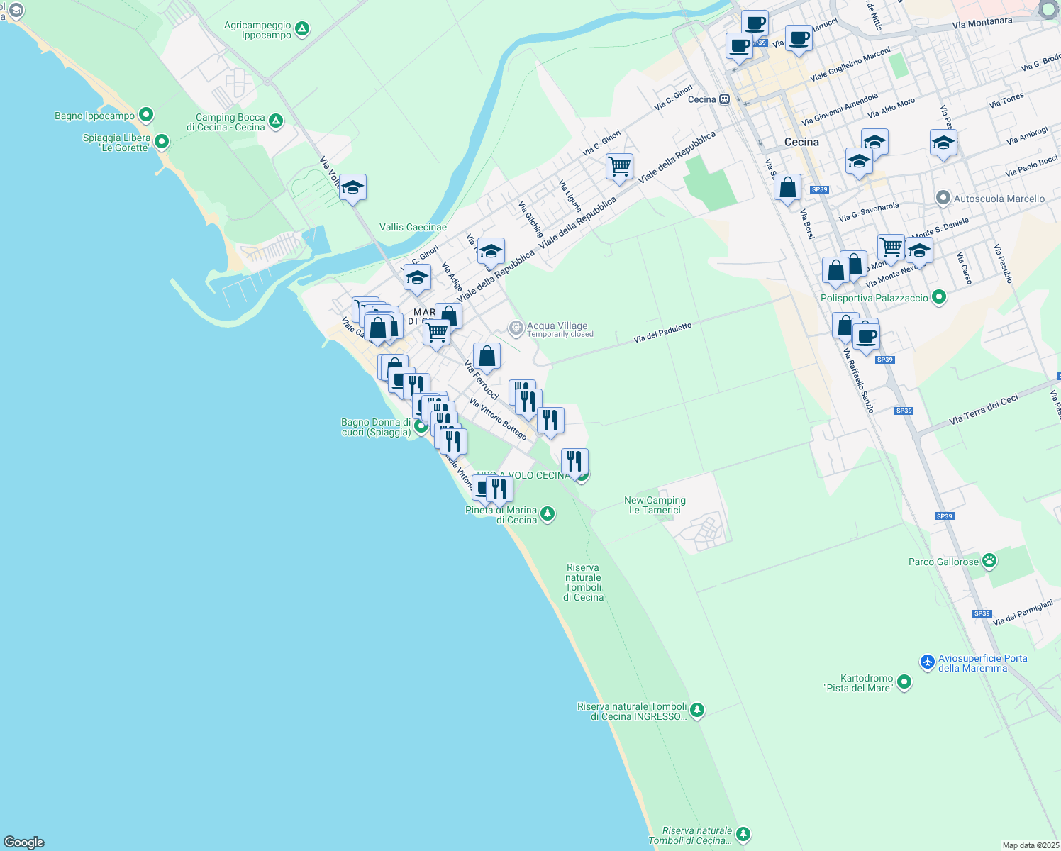 map of restaurants, bars, coffee shops, grocery stores, and more near 136 Via Francesco Ferrucci in Cecina