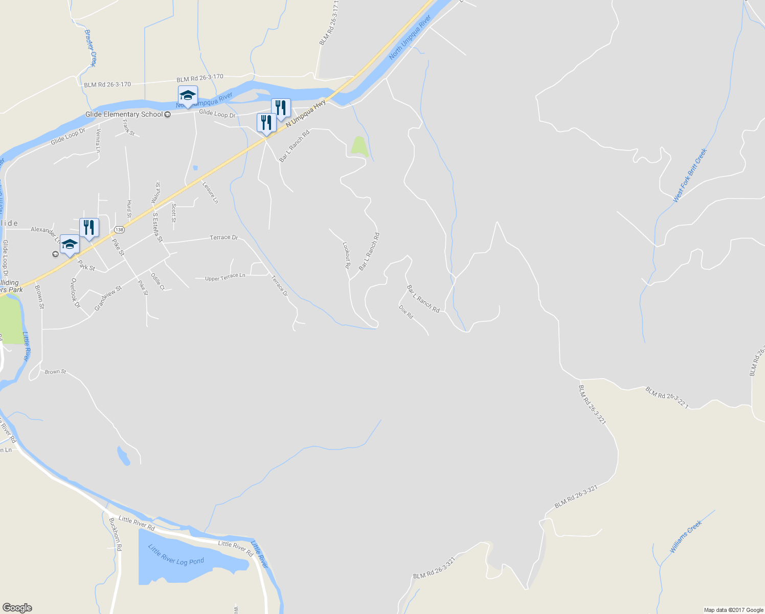 map of restaurants, bars, coffee shops, grocery stores, and more near 175 Doe Road in Glide