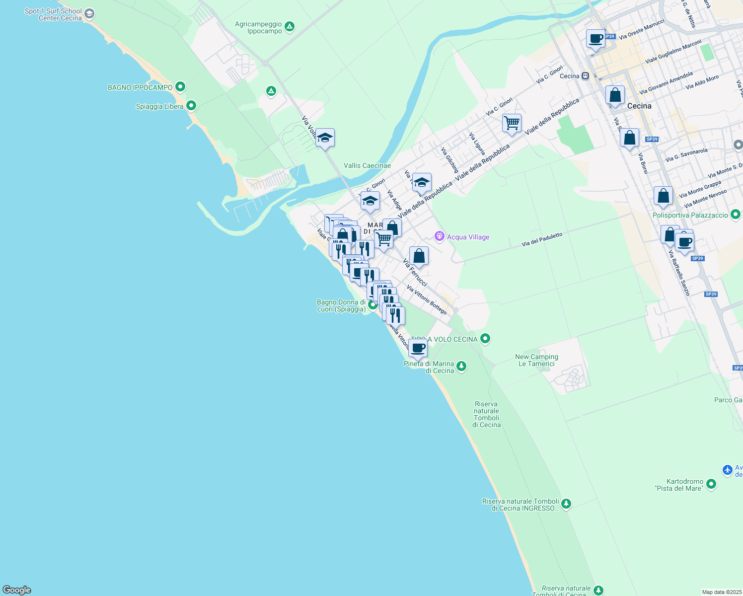 map of restaurants, bars, coffee shops, grocery stores, and more near 51 Viale della Vittoria in Cecina