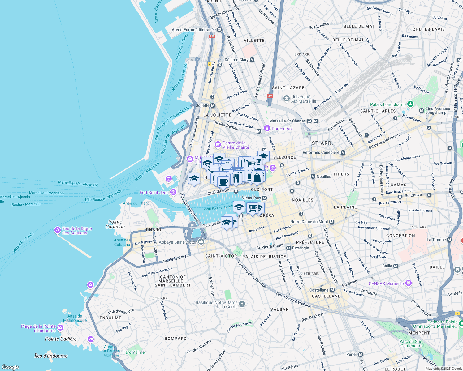 map of restaurants, bars, coffee shops, grocery stores, and more near in Marseille