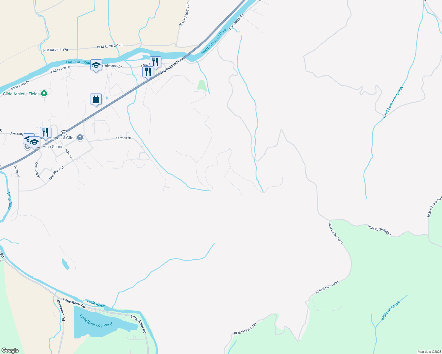 map of restaurants, bars, coffee shops, grocery stores, and more near 175 Doe Road in Glide