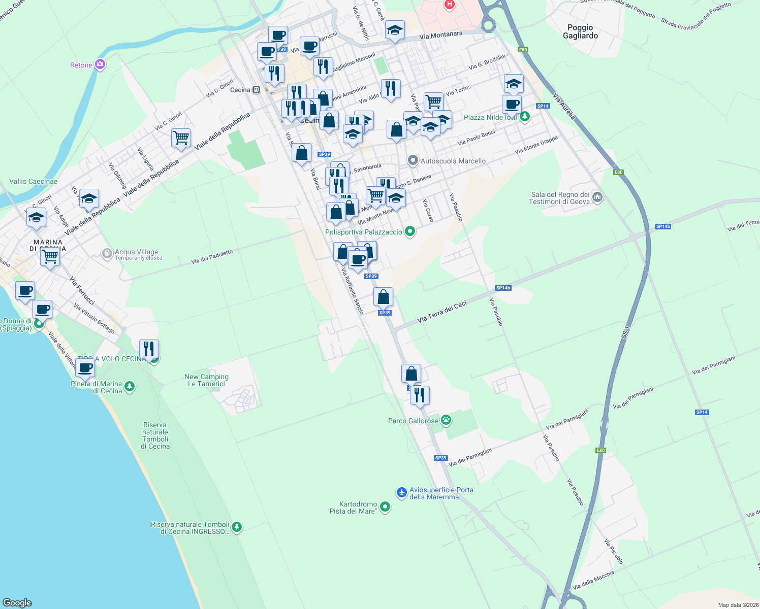 map of restaurants, bars, coffee shops, grocery stores, and more near 4 Via Caravaggio in Cecina