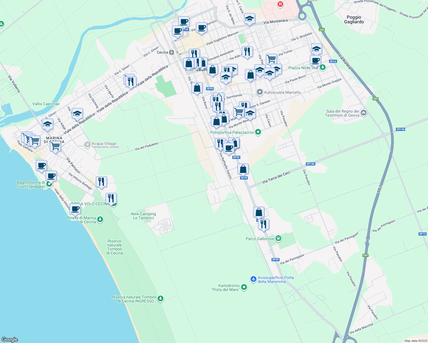 map of restaurants, bars, coffee shops, grocery stores, and more near Località Paduletto in Provincia di Livorno