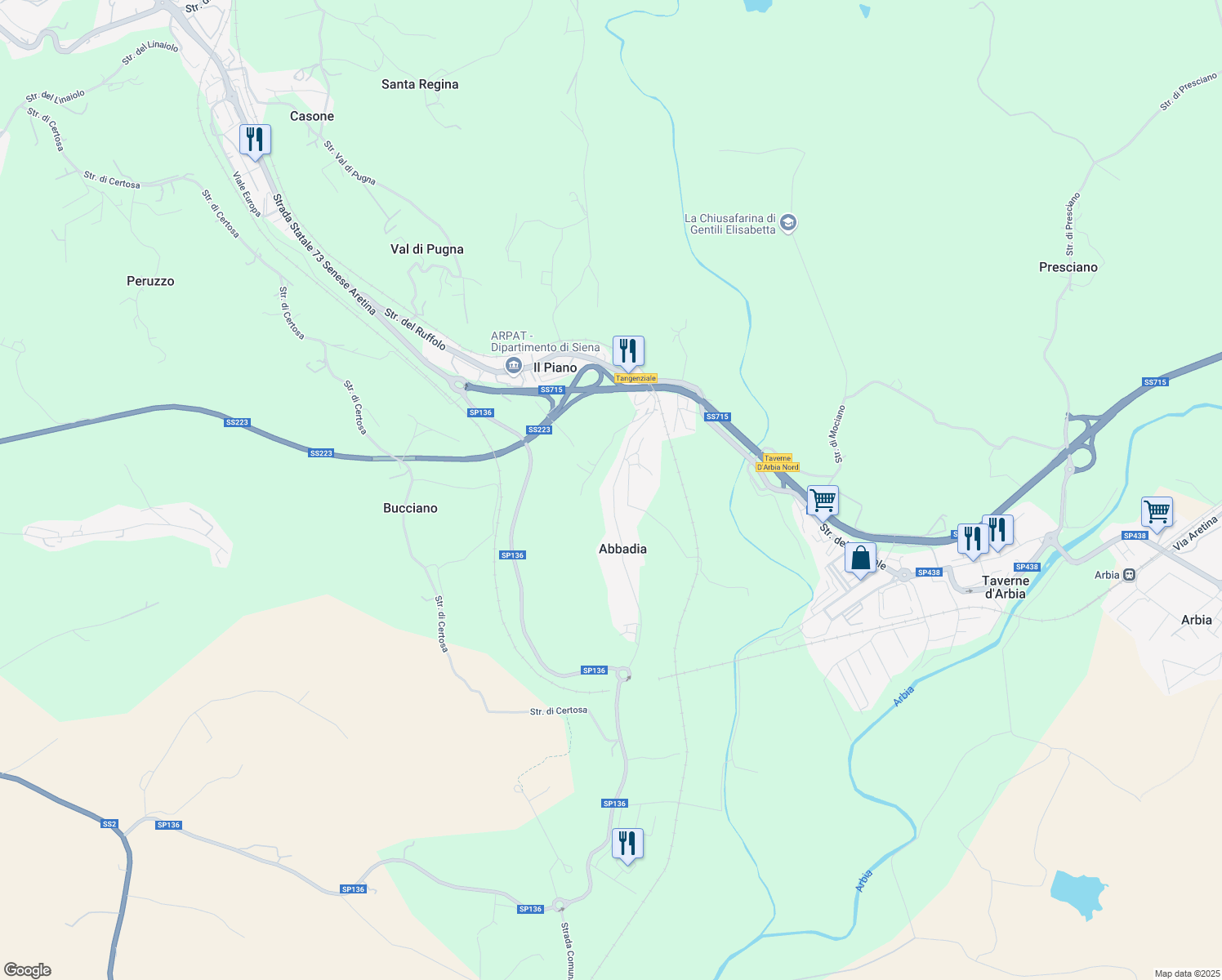 map of restaurants, bars, coffee shops, grocery stores, and more near 49 Strada di Renaccio in Abbadia