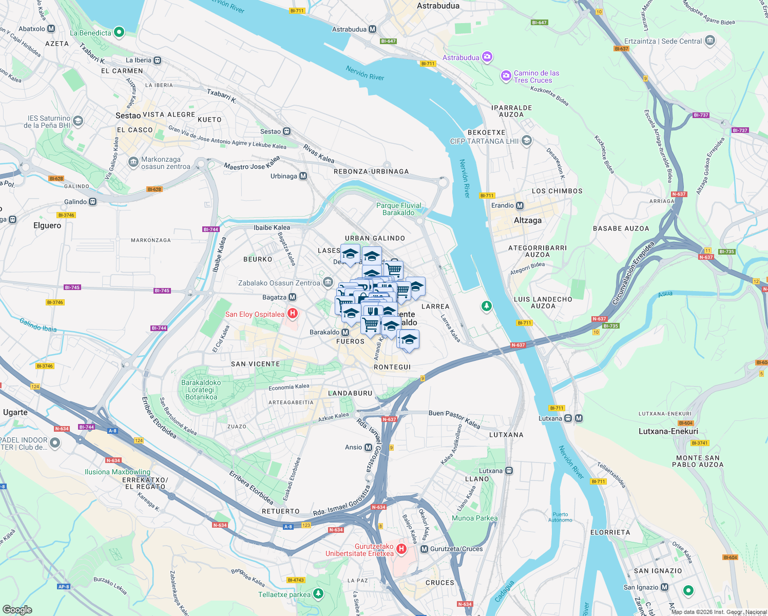 map of restaurants, bars, coffee shops, grocery stores, and more near 2 Herriko Plaza in Barakaldo