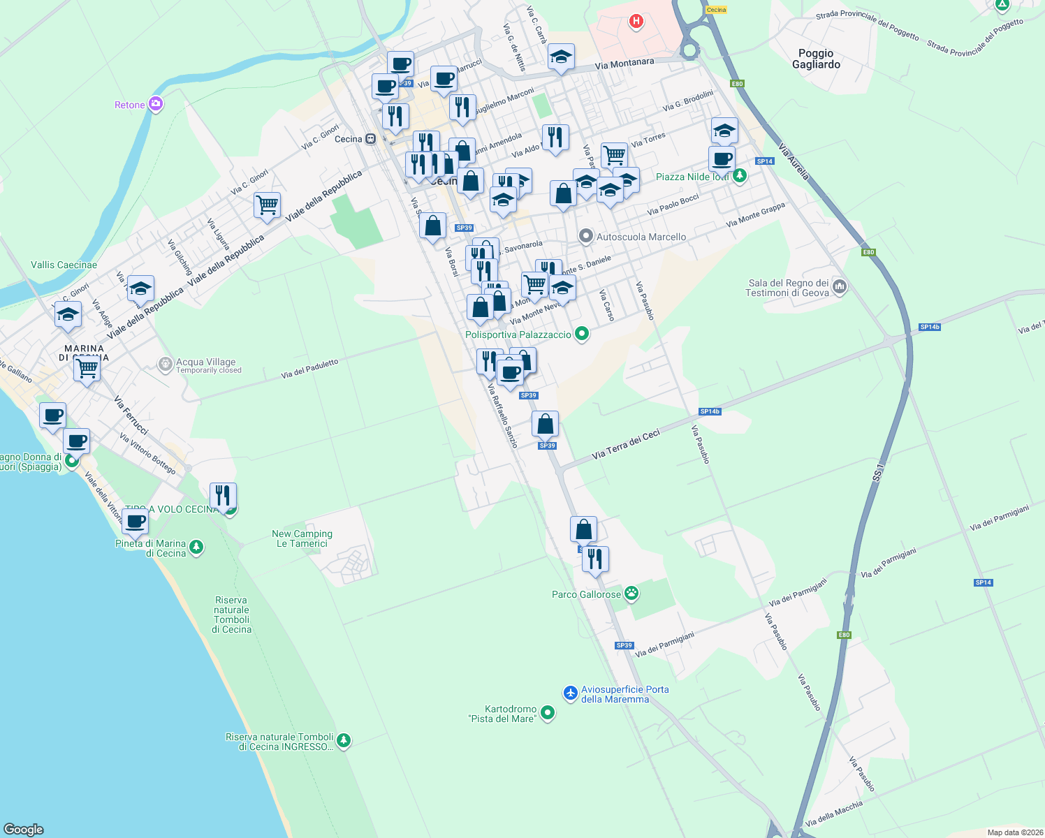 map of restaurants, bars, coffee shops, grocery stores, and more near 4 Via Caravaggio in Cecina